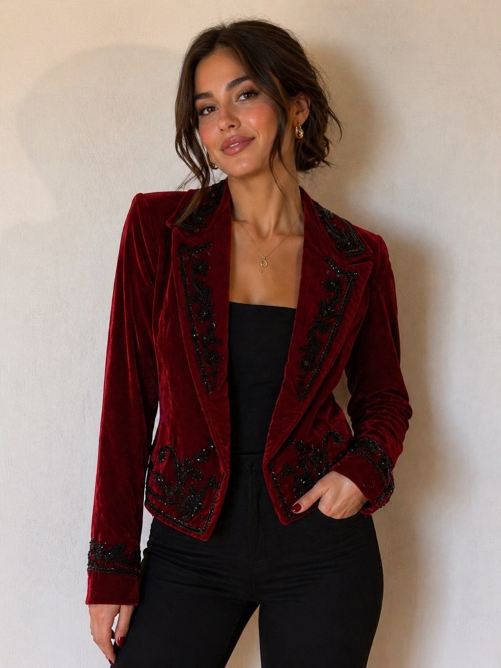 Beaded Velvet Blazer Jacket - Wine Red